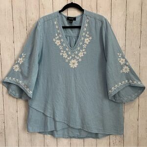Karen Kane Women XL Linen Blend Asymmetric Top Tunic Bracelet Sleeve Embroidery